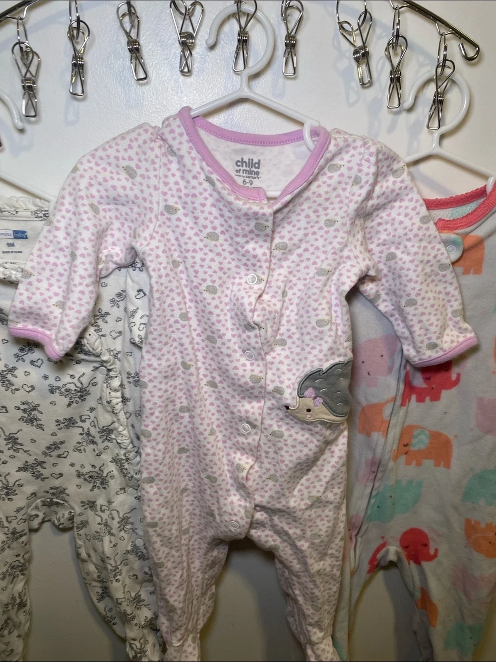 child of mine Pink and Multicolor Elephant Print Footed One-Piece& Carter Footed